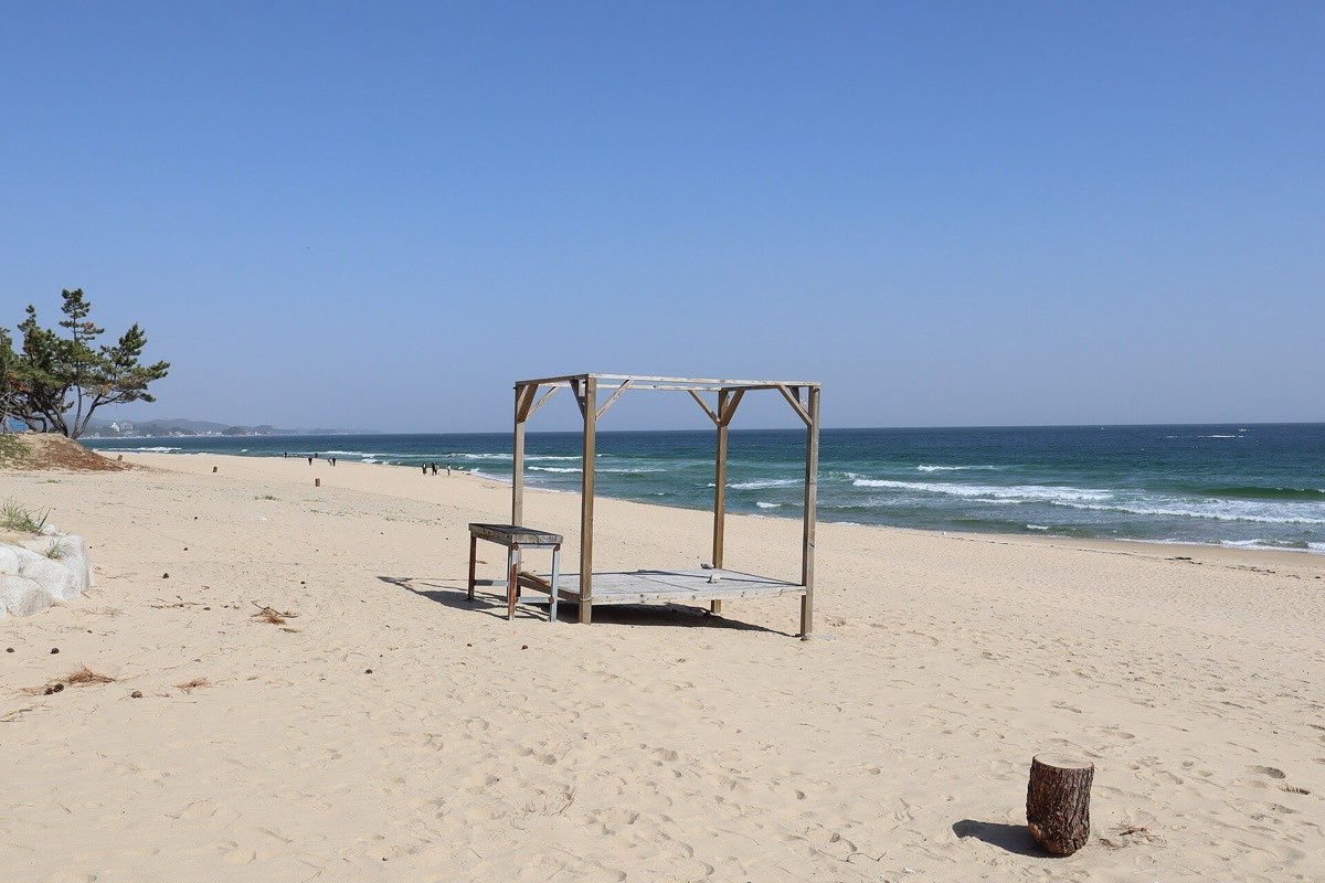 The beach at Jumunjin, Gangneung, where the bus stop photo spot is