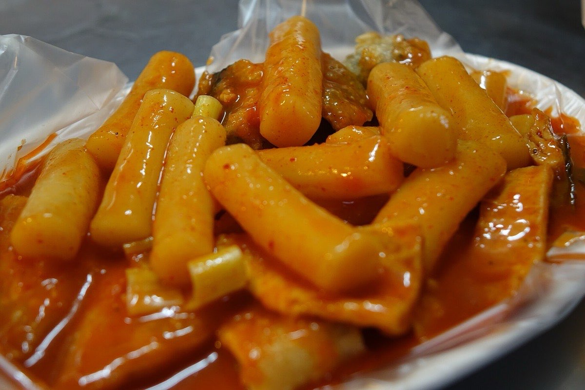 Tteokbokki, spicy rice cakes in red sauce
